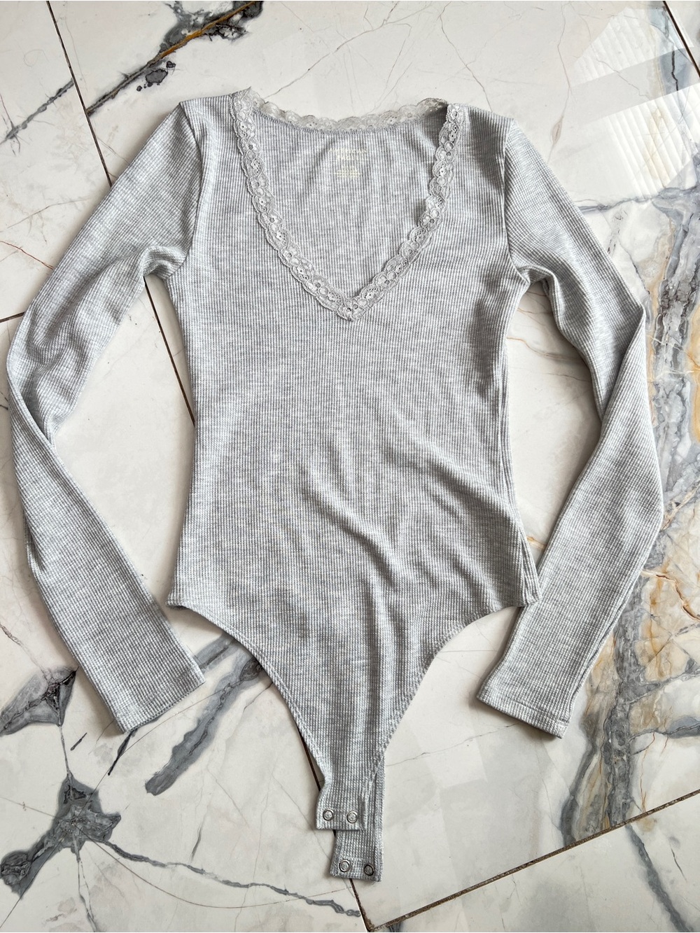American Eagle Outfitters Grey Lace-Trim V-Neck Bodysuit size S - Picture 2 of 7